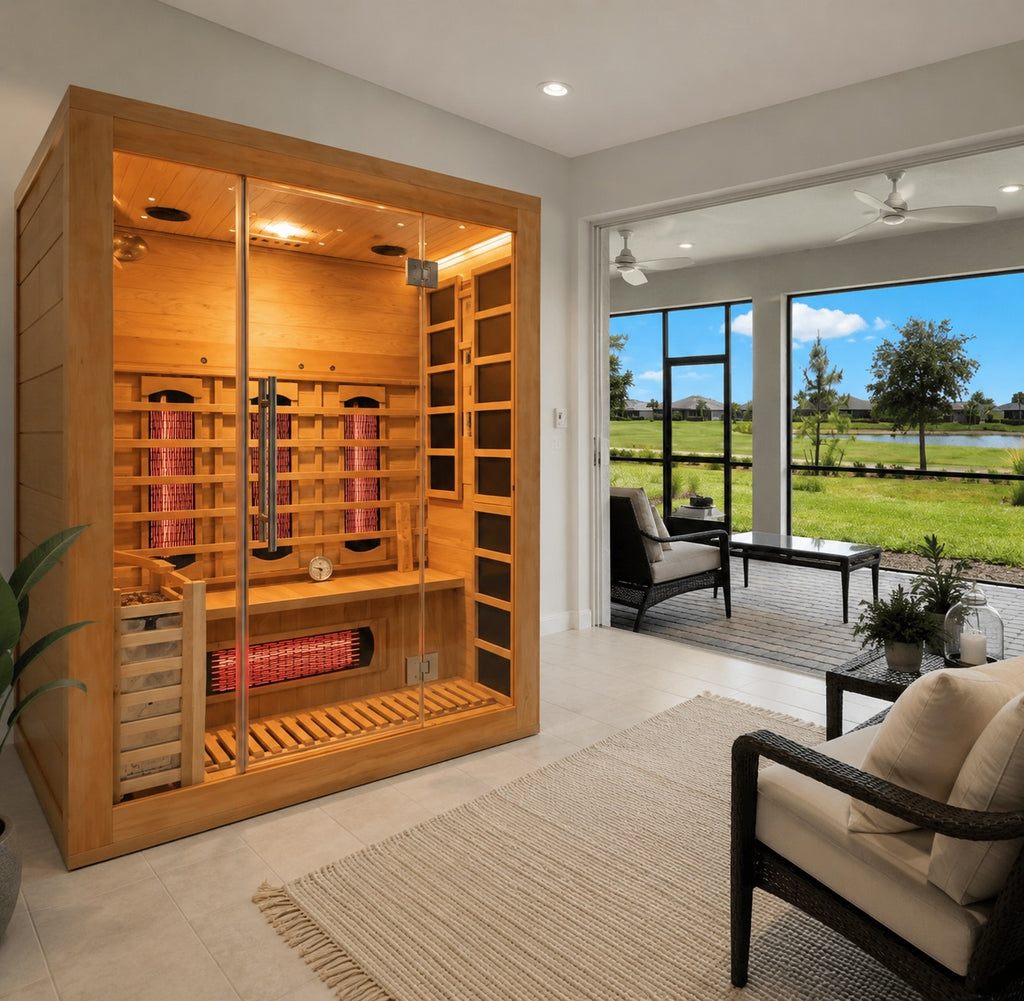 Rövia Aurora hybrid infrared and steam sauna installed in a bright Florida wellness room overlooking a screened lanai and lake view.