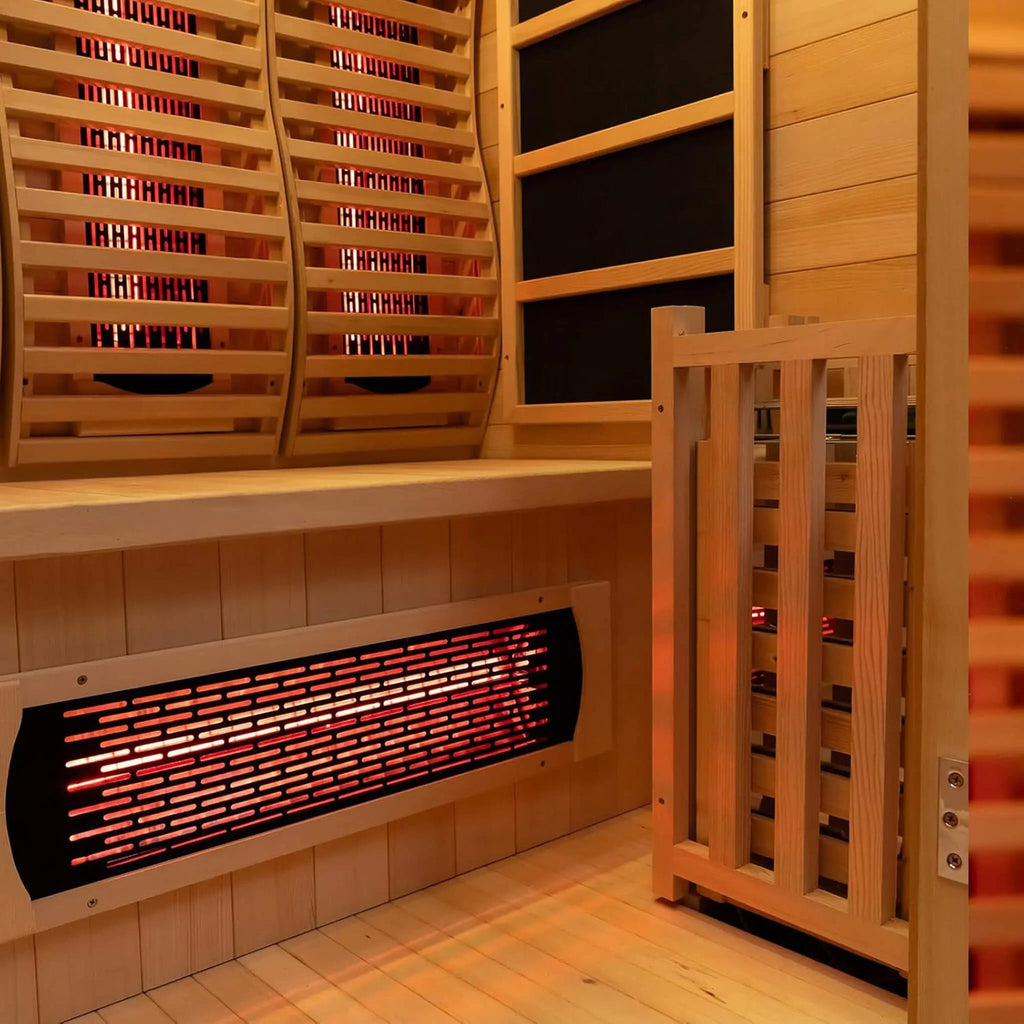 Rövia Luma infrared heating panel beneath the bench