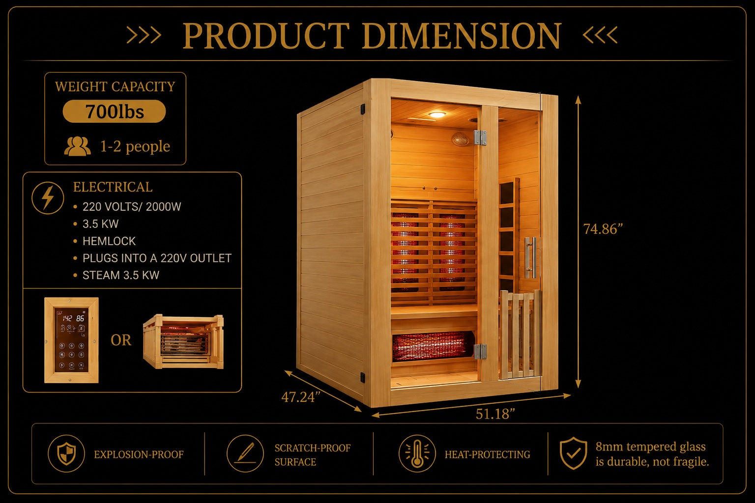 Rövia Luma 2-person sauna dimensions diagram