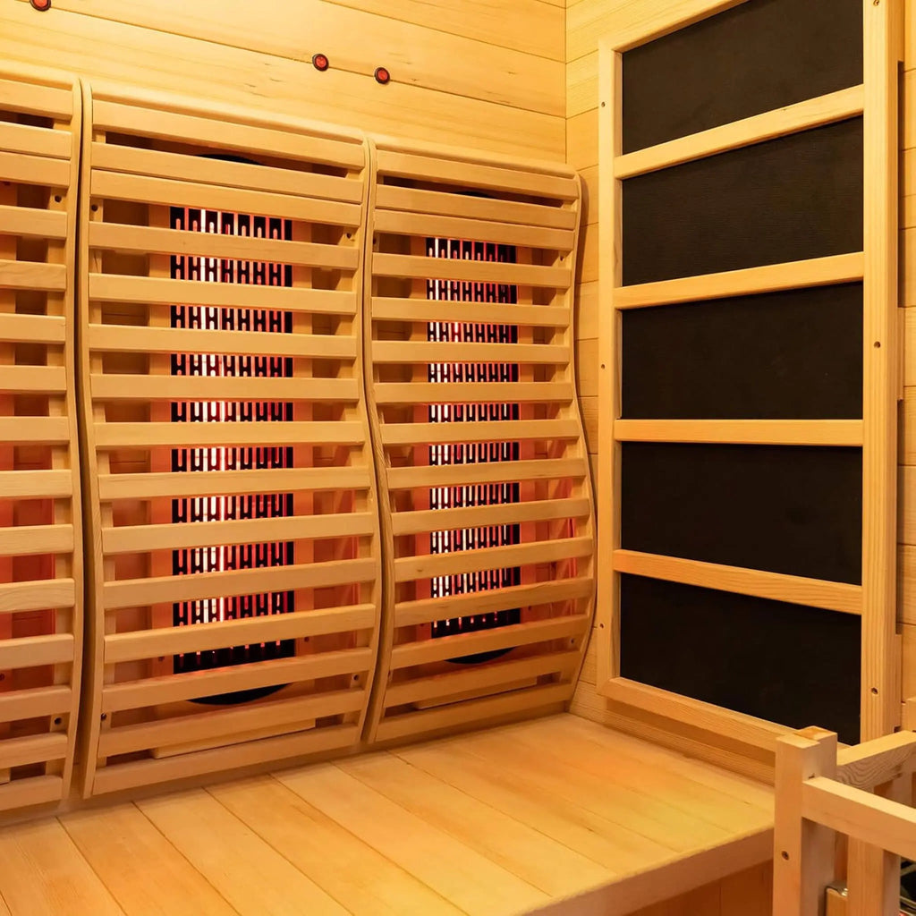 Rövia Luma sauna interior in Canadian Hemlock with two-person seating