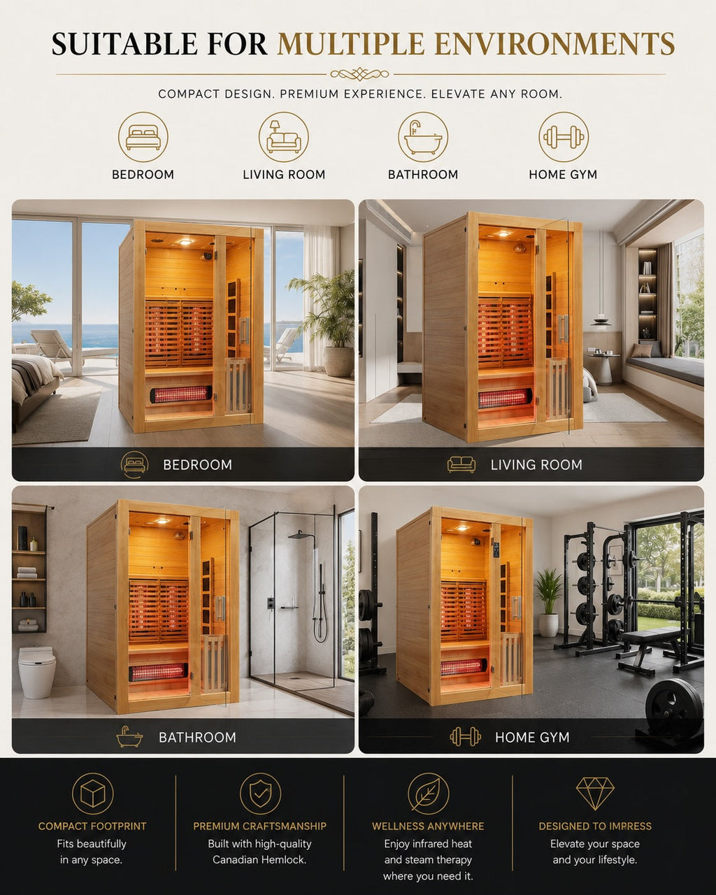 Rövia Luma indoor sauna shown in several home settings.
