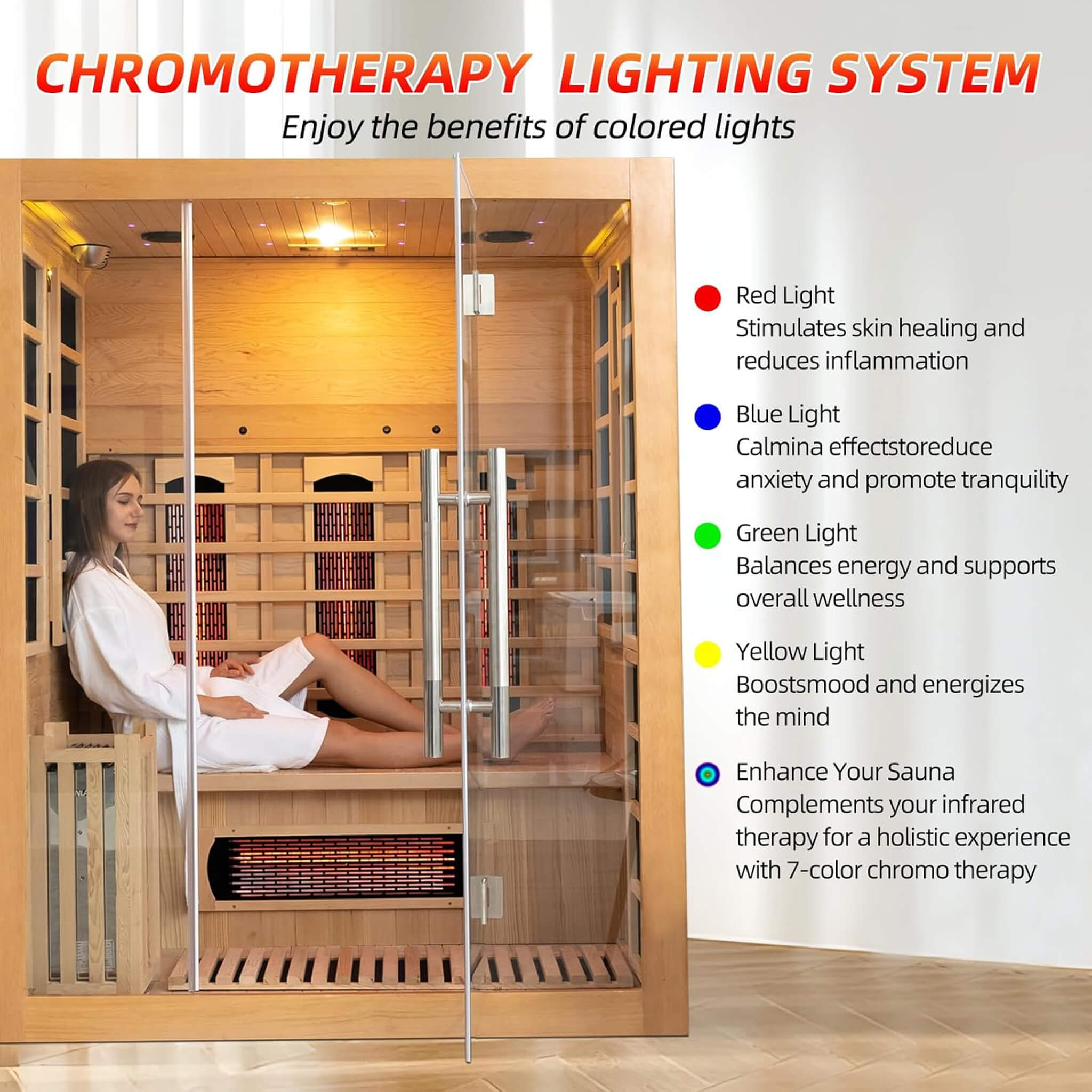 Rövia Aurora hybrid sauna interior in Canadian Hemlock with chromotherapy lighting
