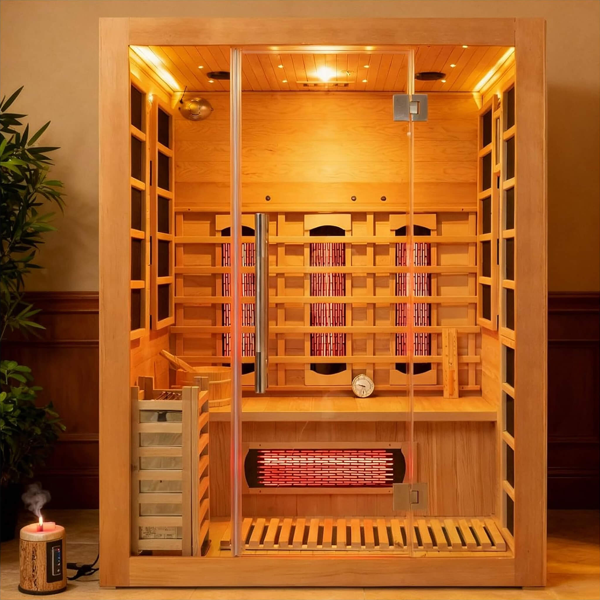 Rövia Aurora 3-person infrared and steam hybrid sauna in a modern home