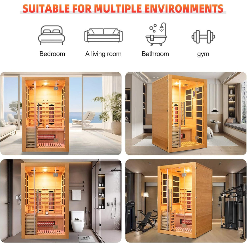 Rövia Aurora indoor hybrid sauna shown in several home settings