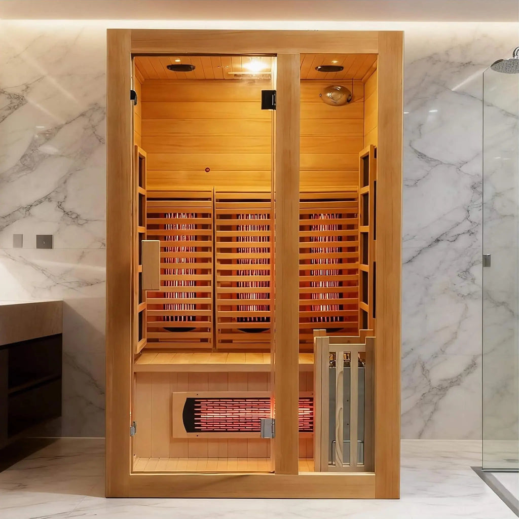 Rövia Luma 2-person infrared and steam sauna in a modern bathroom