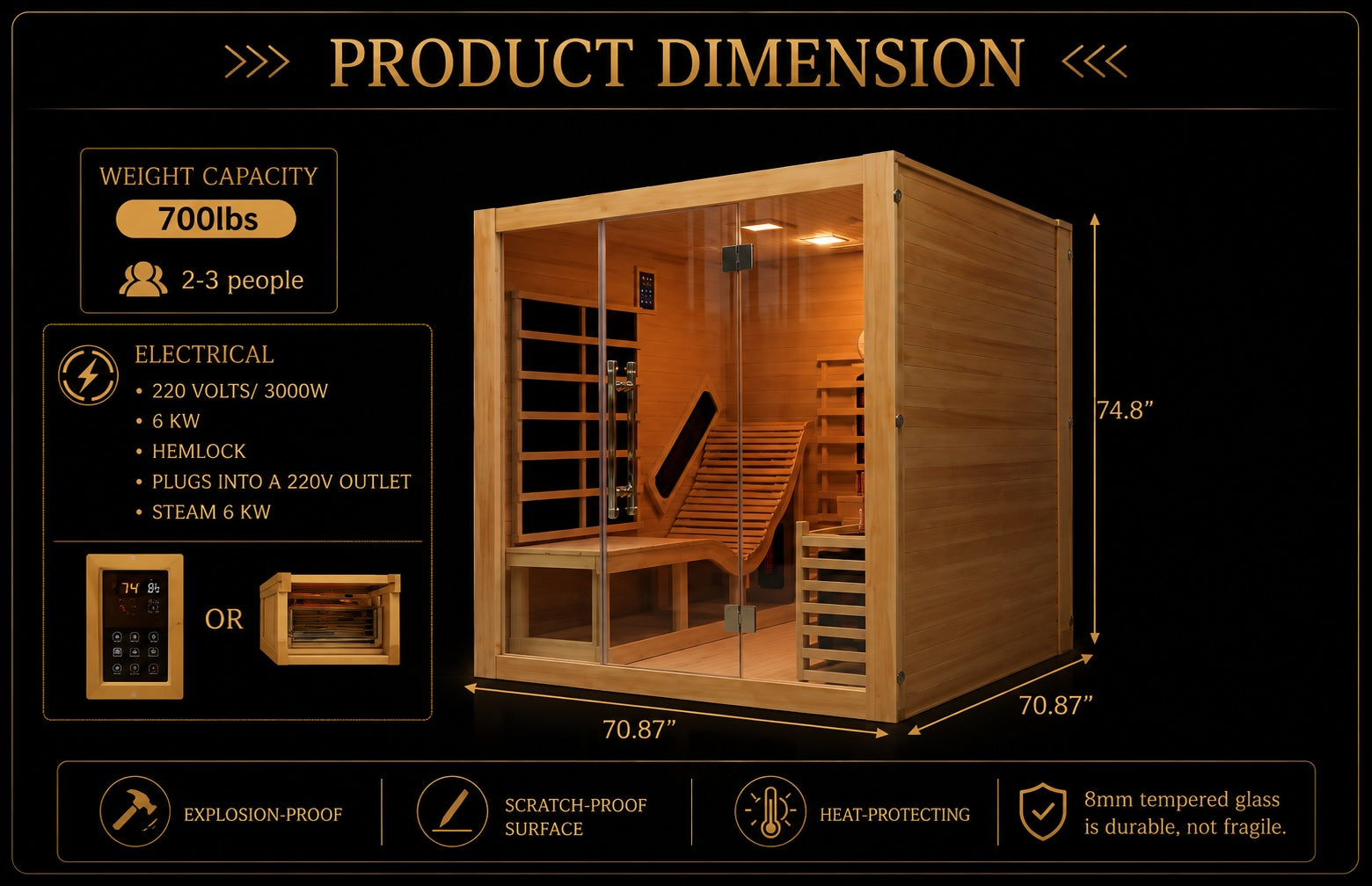 Rövia Oasis 3-person hybrid sauna dimensions and specifications diagram