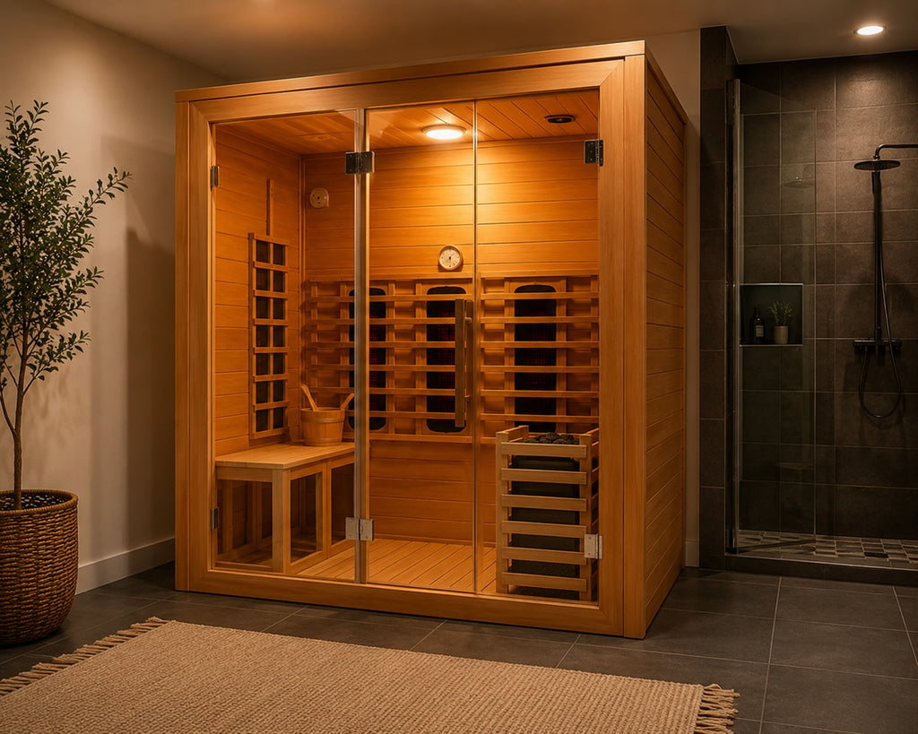 Rövia Oasis 3-person infrared and steam hybrid sauna installed in a modern home spa bathroom with a glass shower and premium Canadian hemlock interior.