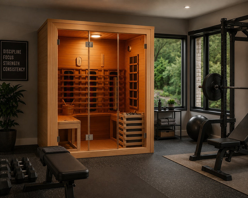 Rövia Oasis 3-person infrared and steam hybrid sauna in a modern home gym recovery space.