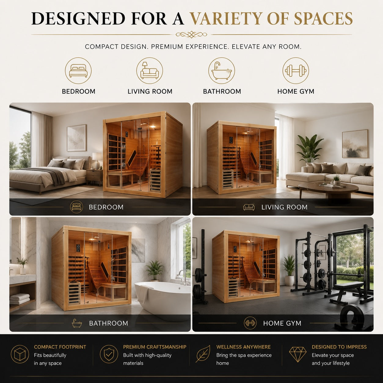 Rövia Oasis 3-person hybrid sauna shown in bedroom, living room, bathroom, and home gym settings