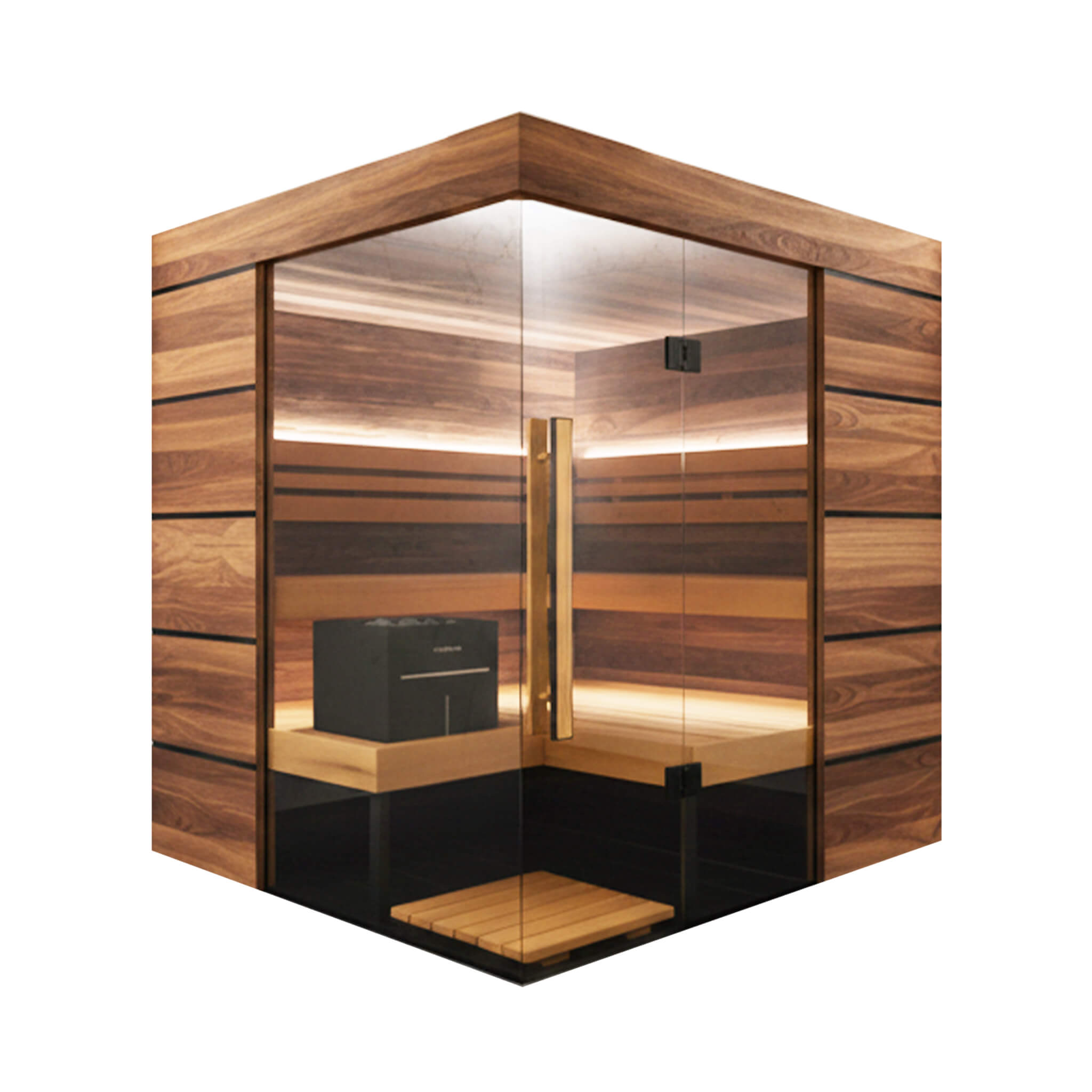 ThermaSol Astra indoor glass corner sauna with panoramic transparent glass front and Tyrol wood surround