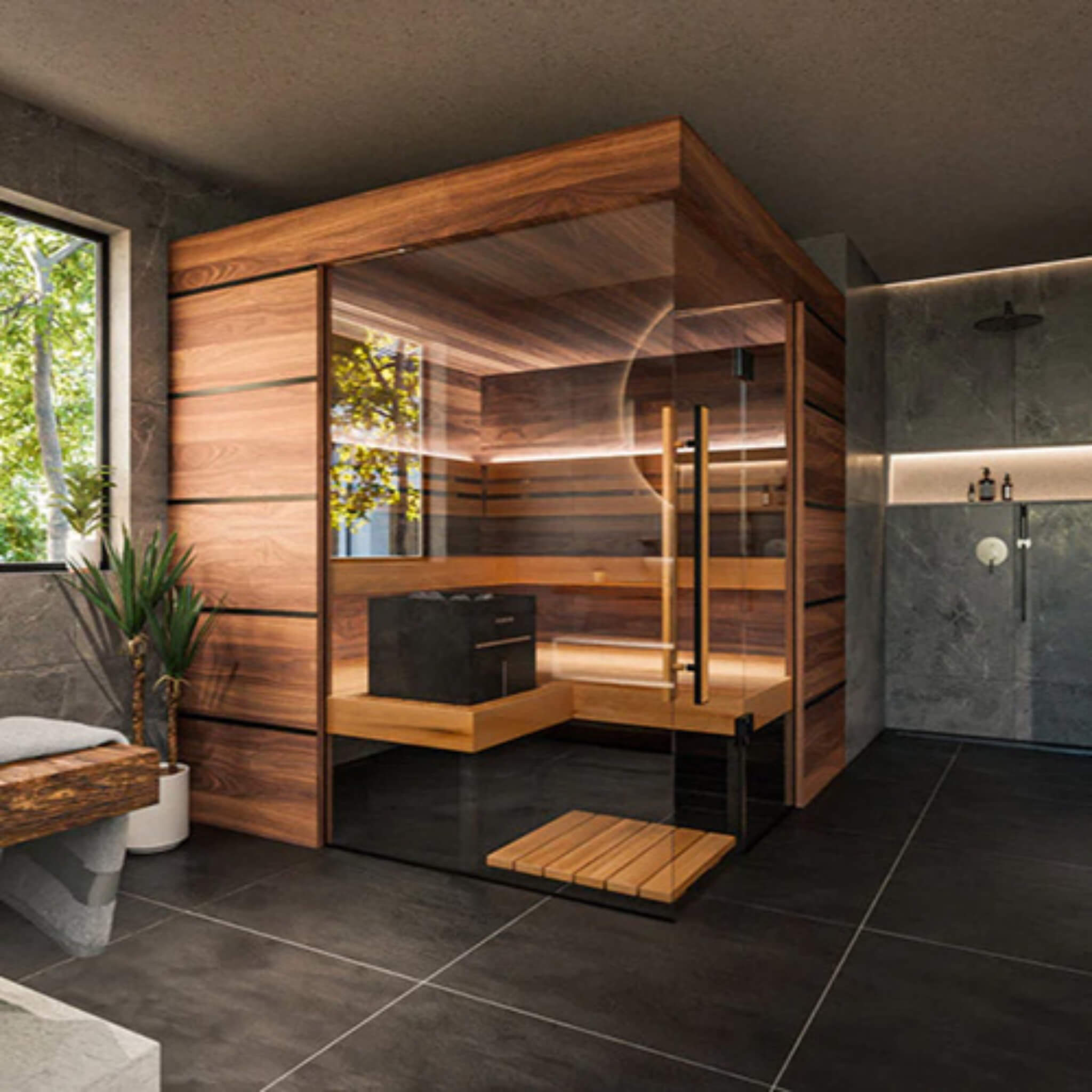 ThermaSol Astra indoor glass corner sauna in a modern home