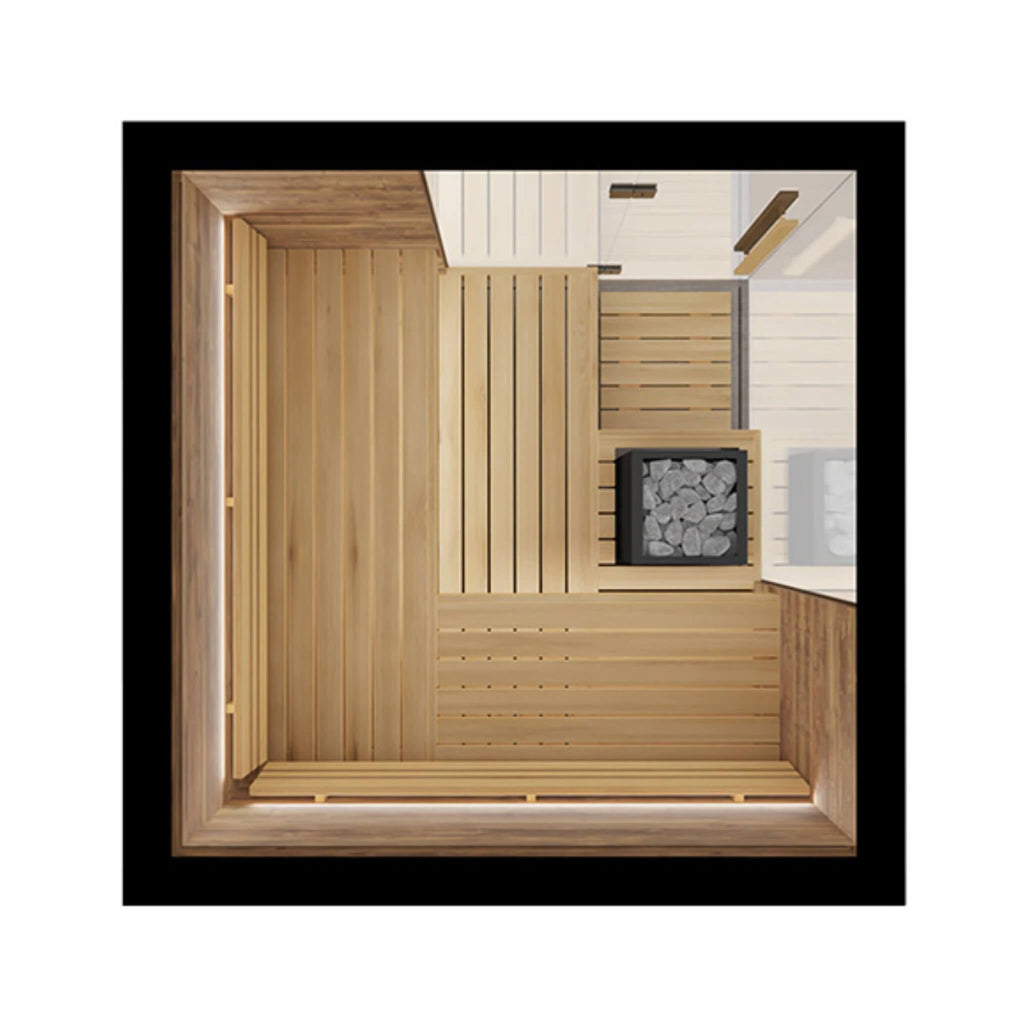 ThermaSol Astra corner sauna interior layout in Tyrol wood with thermo-aspen benches
