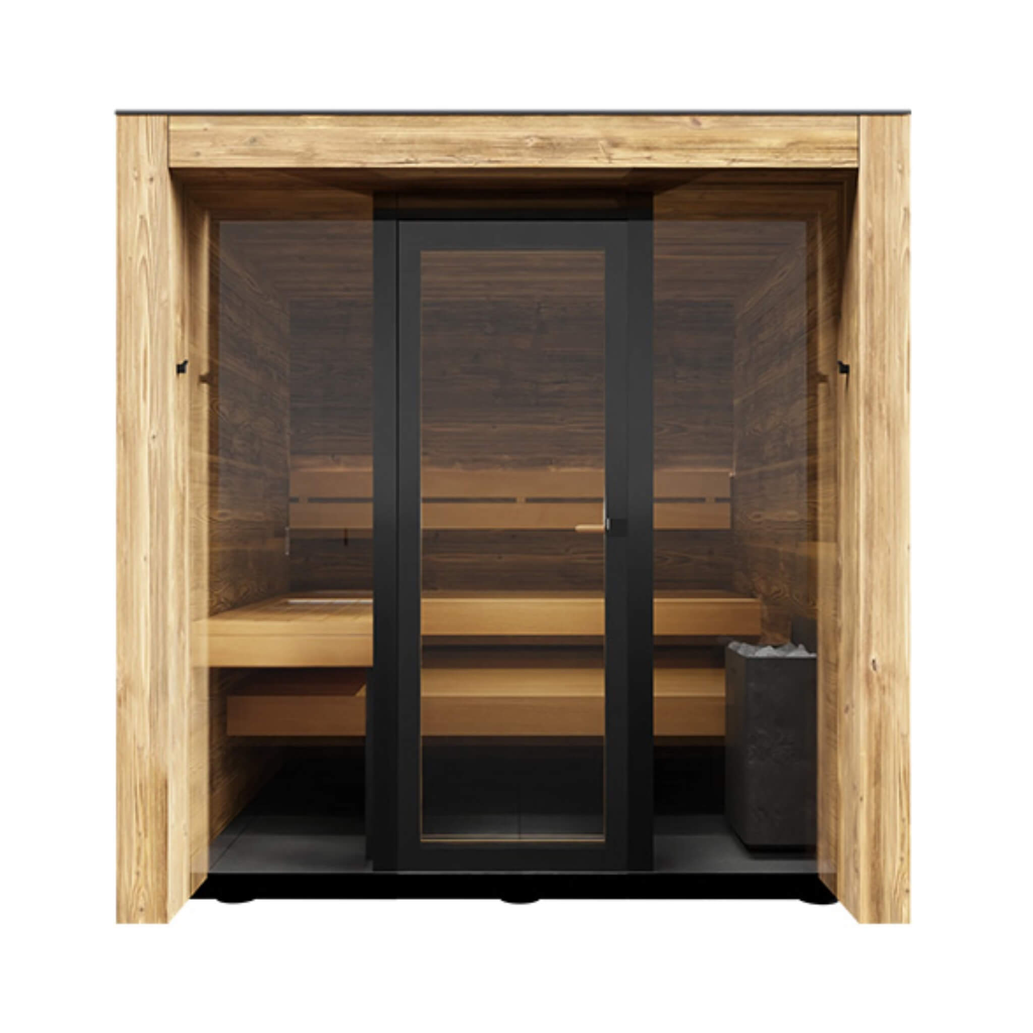 ThermaSol Fortis outdoor glass-front sauna cabin with Parsol dark-grey tinted glass and aluminum framing