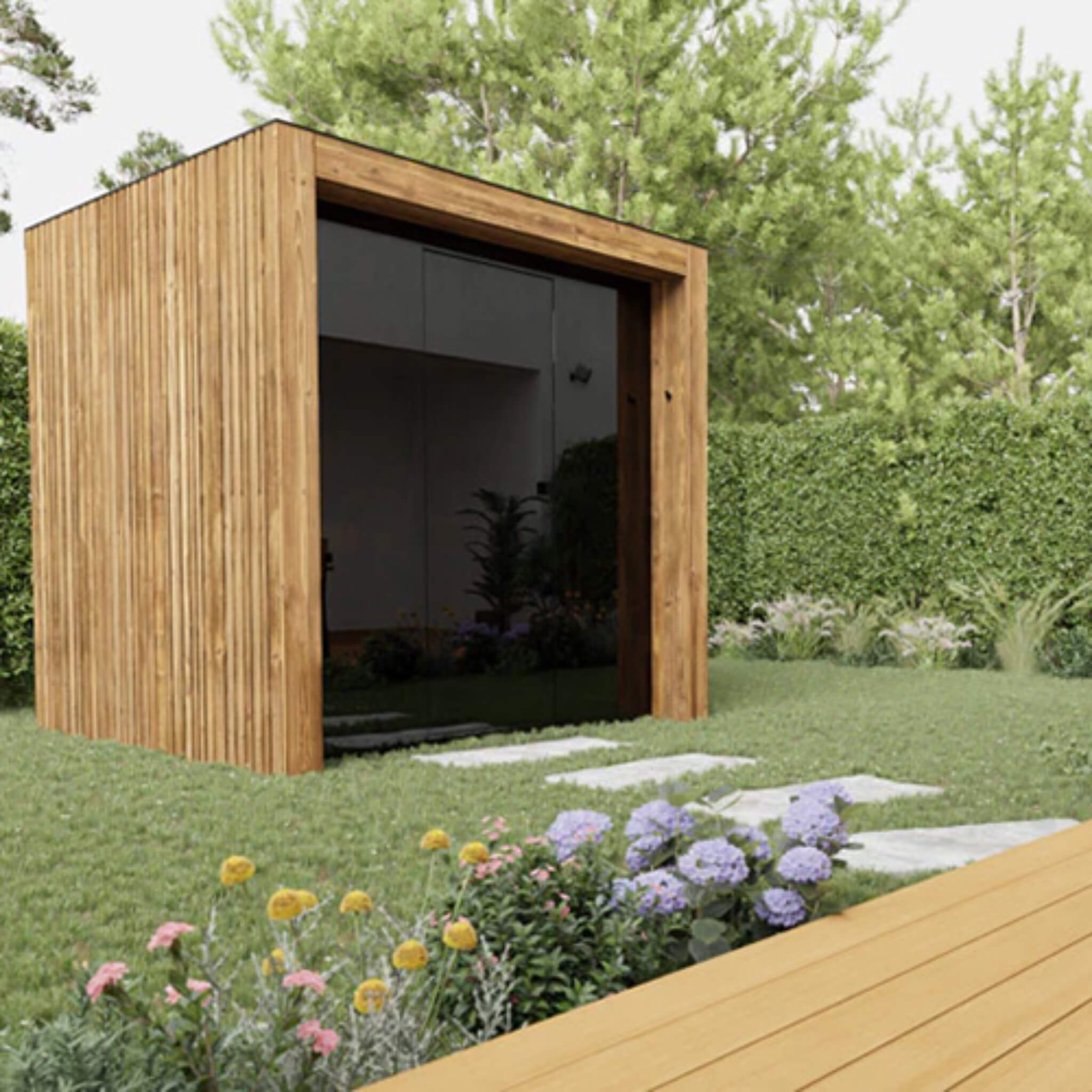 ThermaSol Fortis outdoor sauna cabin in a backyard garden setting