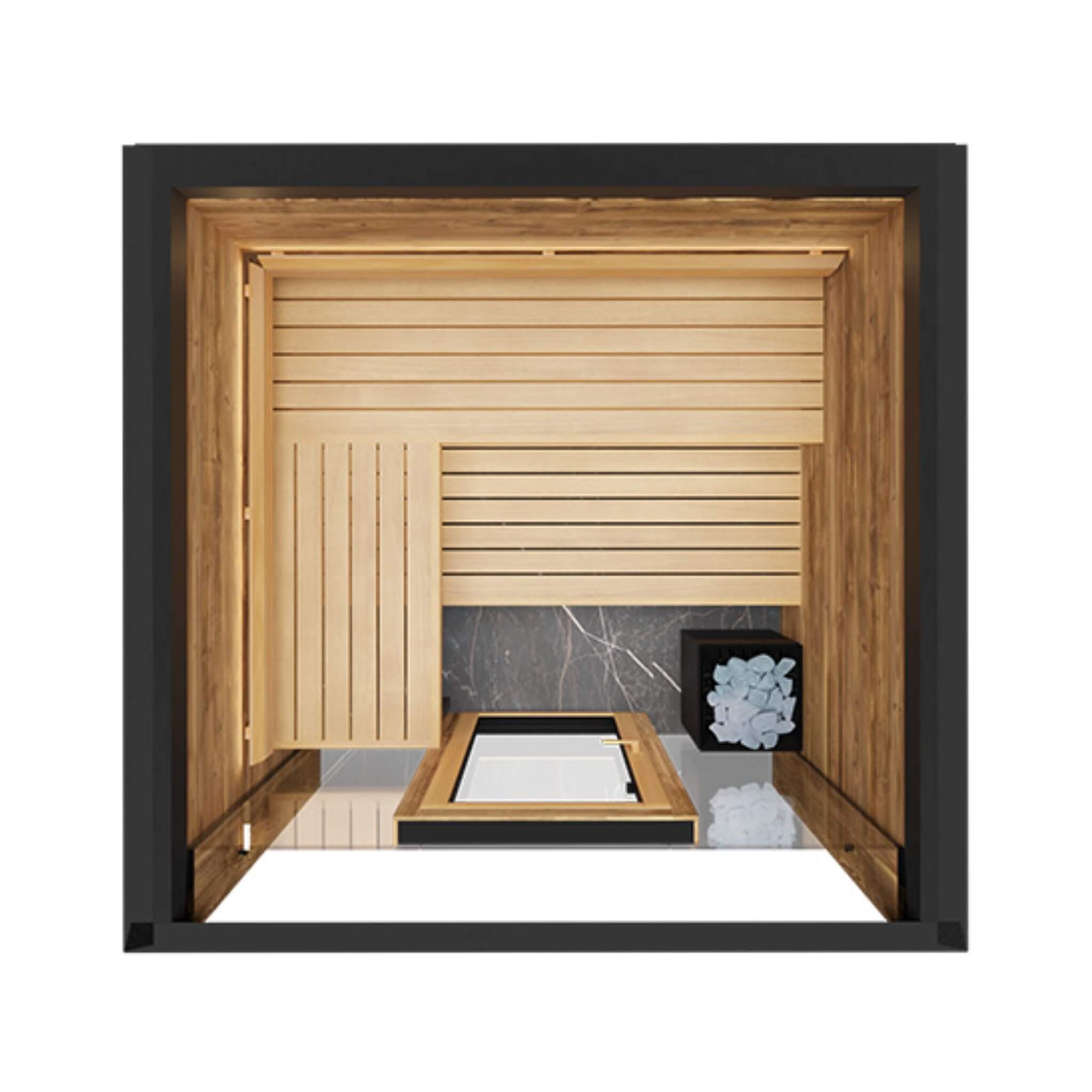 ThermaSol Fortis sauna interior with thermally modified wood walls and thermo-aspen benches
