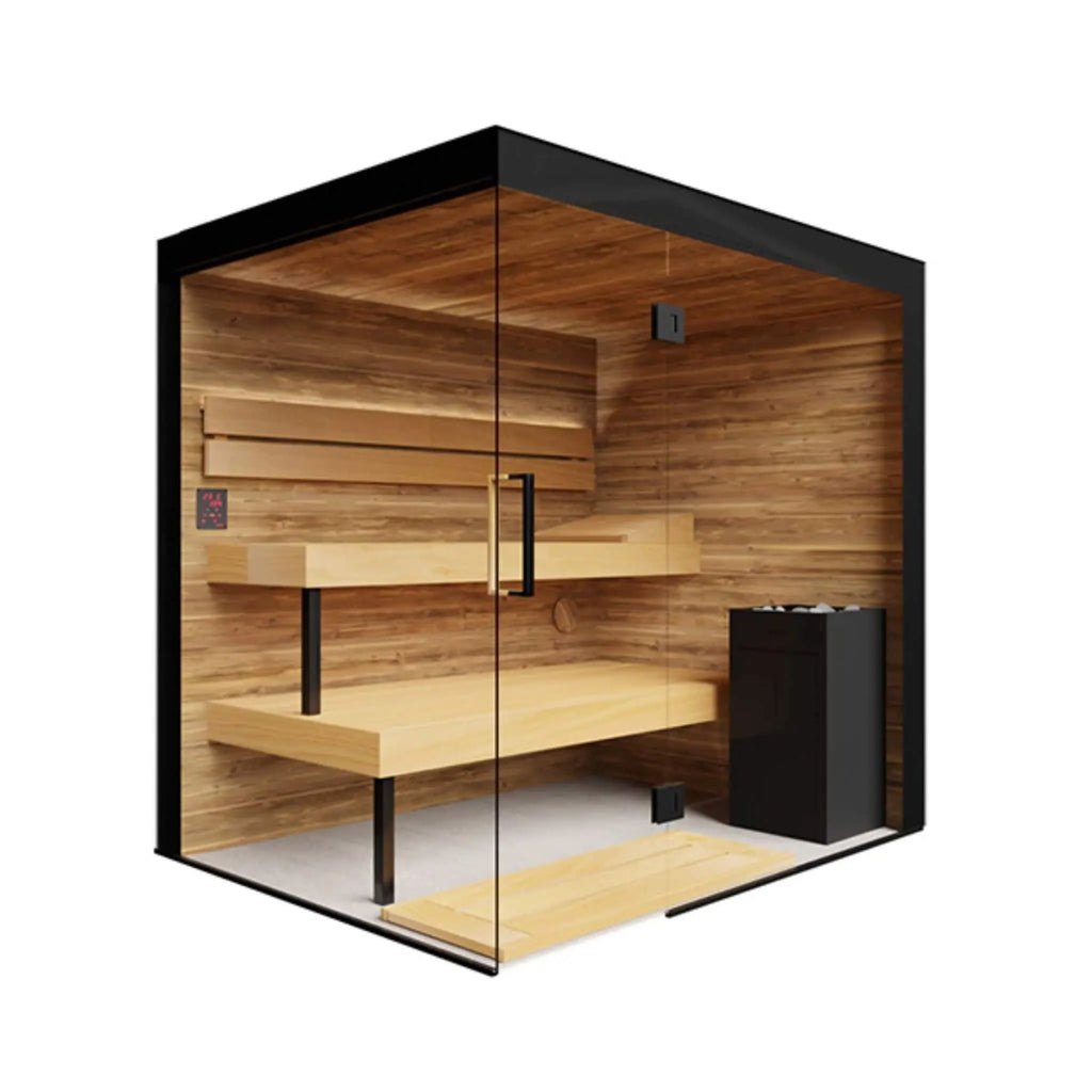 ThermaSol Lumaria panoramic glass front with brushed Tyrol wood interior