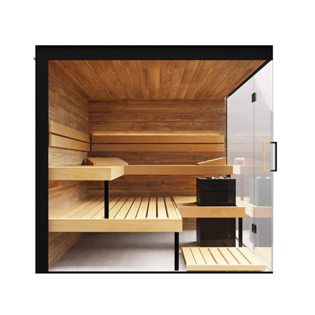 ThermaSol Lumaria indoor glass sauna cabin, right-door corner layout
