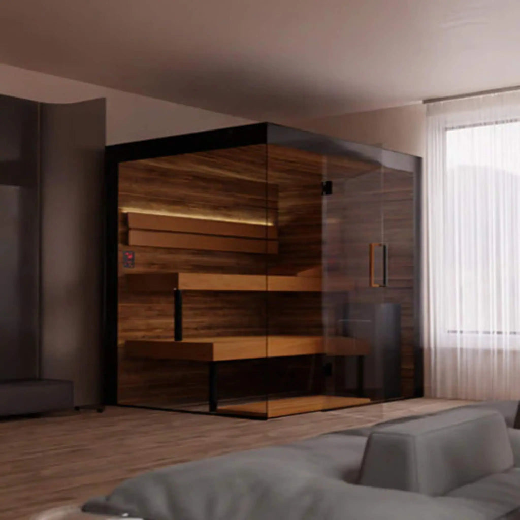 ThermaSol Lumaria indoor glass sauna cabin in a living space