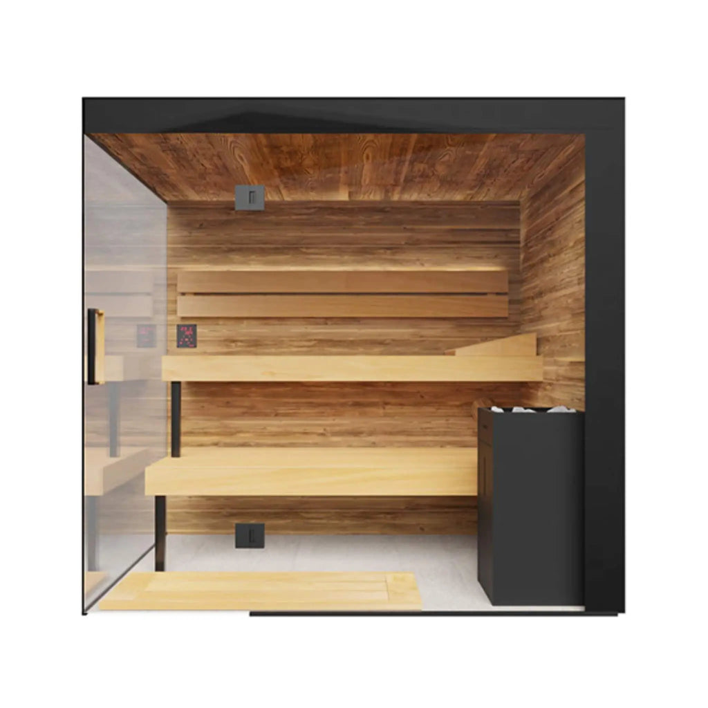 ThermaSol Lumaria indoor glass sauna cabin, left-door corner layout
