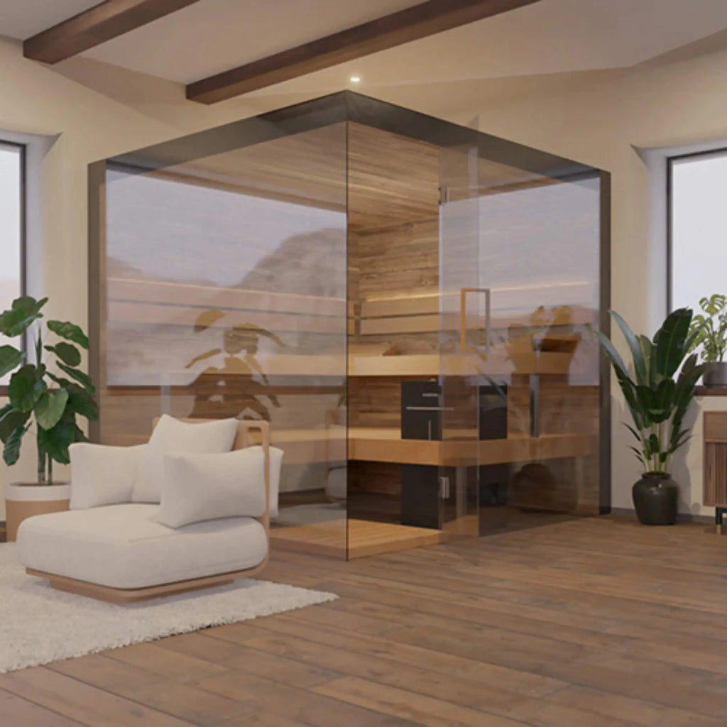 ThermaSol Lumaria indoor panoramic-glass sauna cabin in a modern home