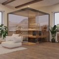 ThermaSol Lumaria indoor panoramic-glass sauna cabin in a modern home