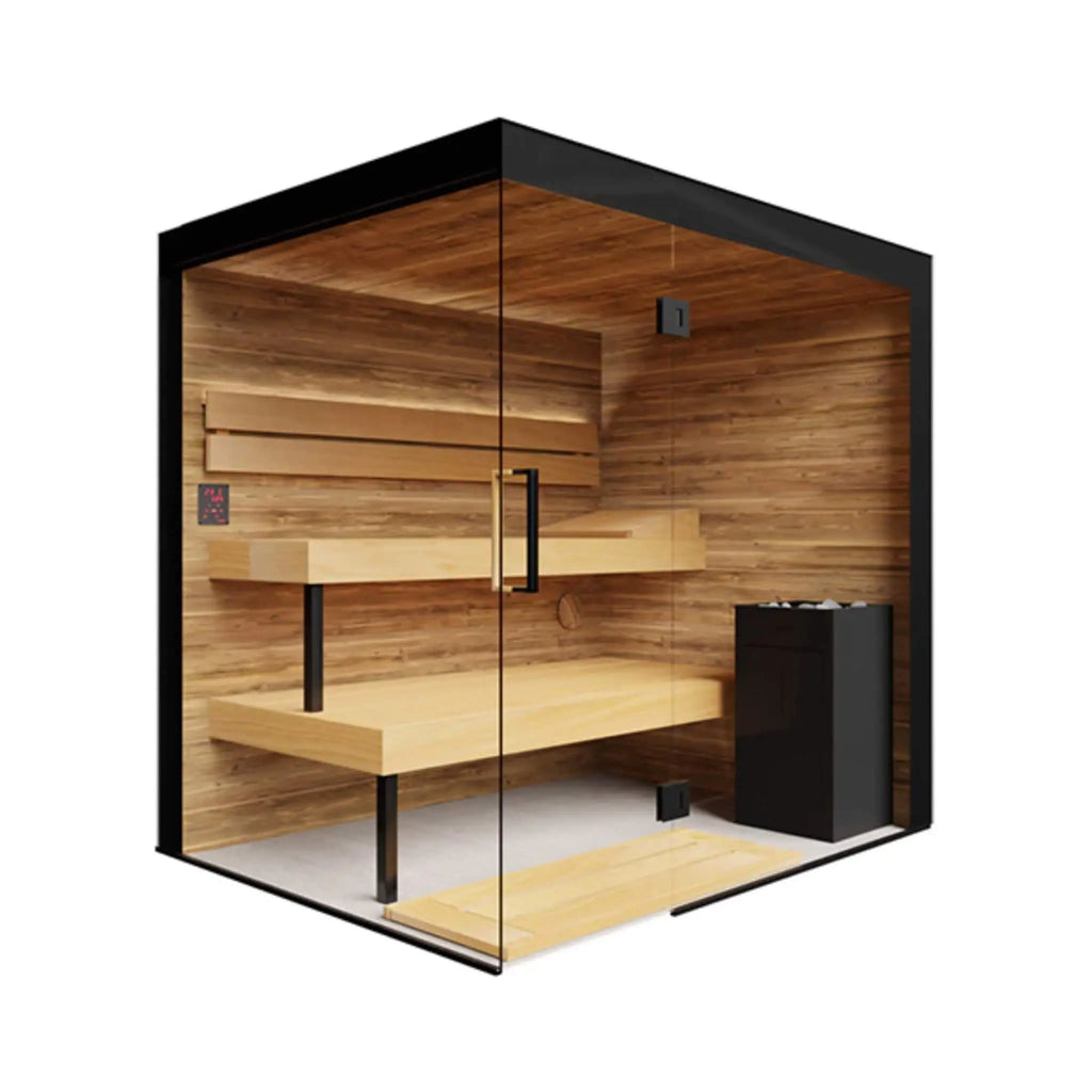 ThermaSol Lumaria Medium indoor glass sauna cabin, left-door corner layout