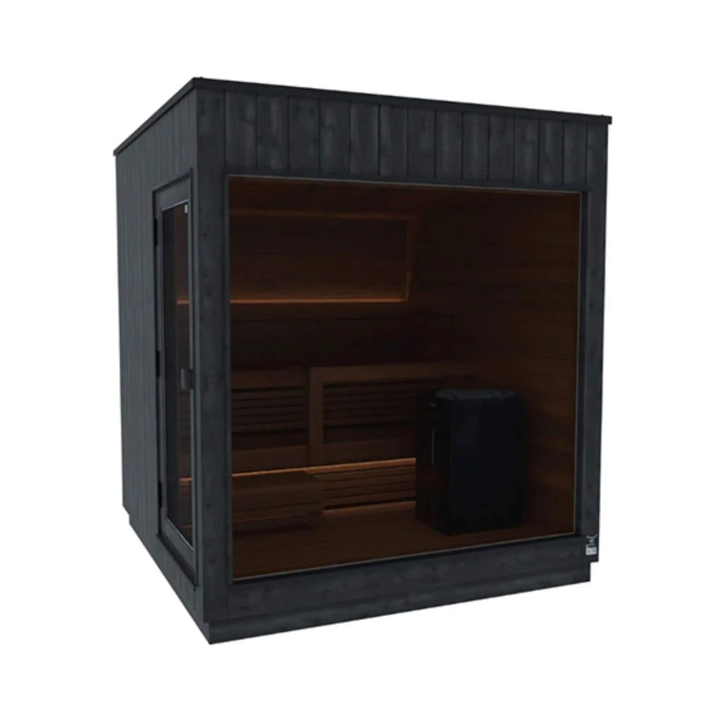 Medium ThermaSol Nordic Misty outdoor sauna cabin with left-side door, the electric heater visible through the front glass.