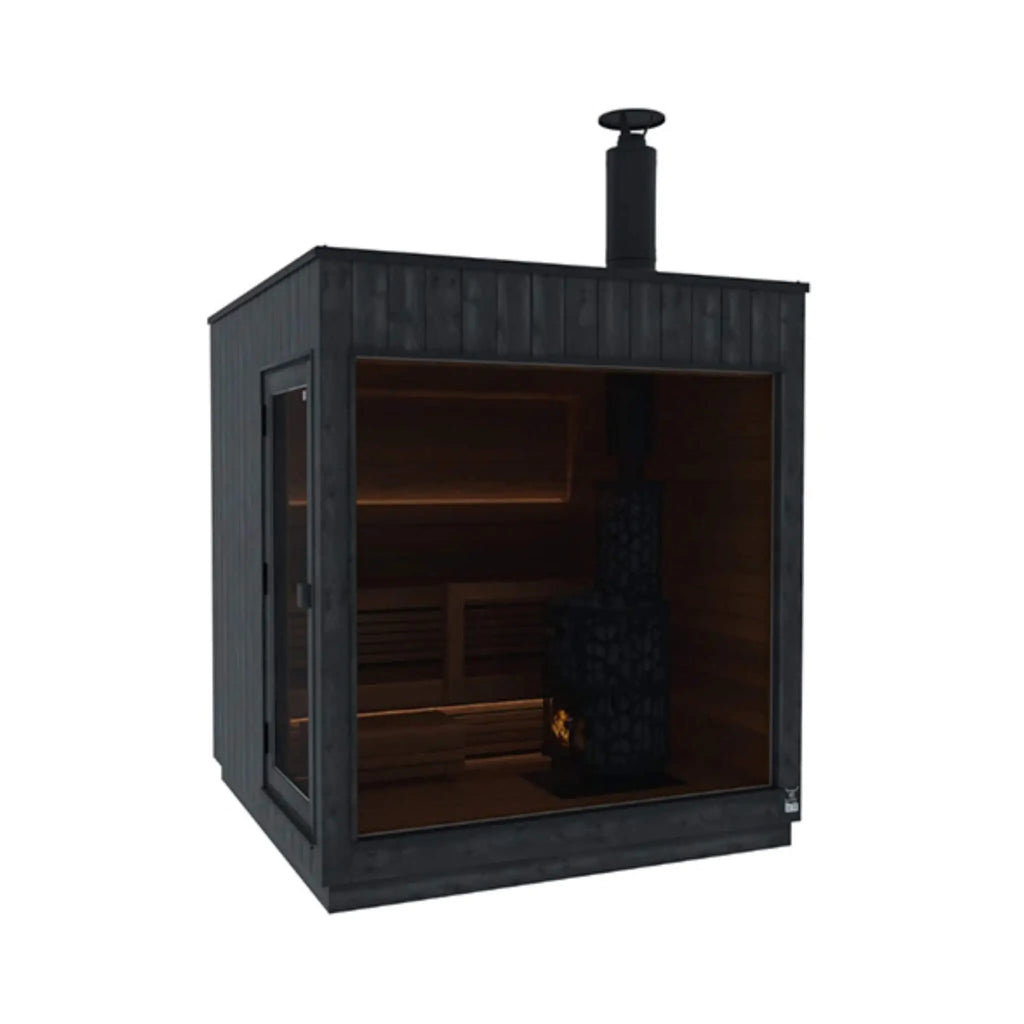 Medium ThermaSol Nordic Misty outdoor sauna cabin with left-side door and stone-stacked wood-burning stove glowing inside.