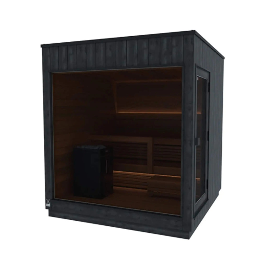 Medium ThermaSol Nordic Misty outdoor sauna cabin with right-side door and electric heater tower behind the glass wall.