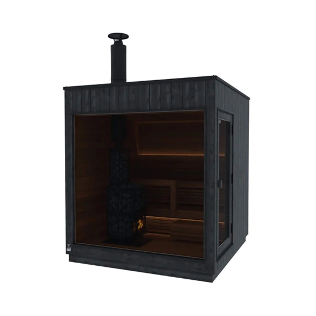 Medium ThermaSol Nordic Misty outdoor sauna cabin, wood-burning model with right-side door and chimney above the roofline.