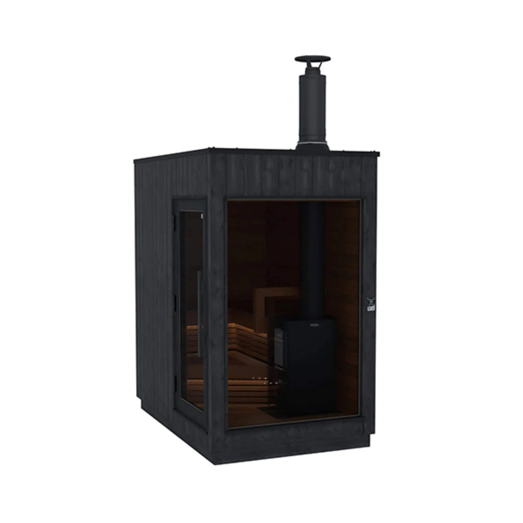 Small ThermaSol Nordic Misty outdoor sauna cabin with left-side door, wood-burning stove and rooftop chimney.