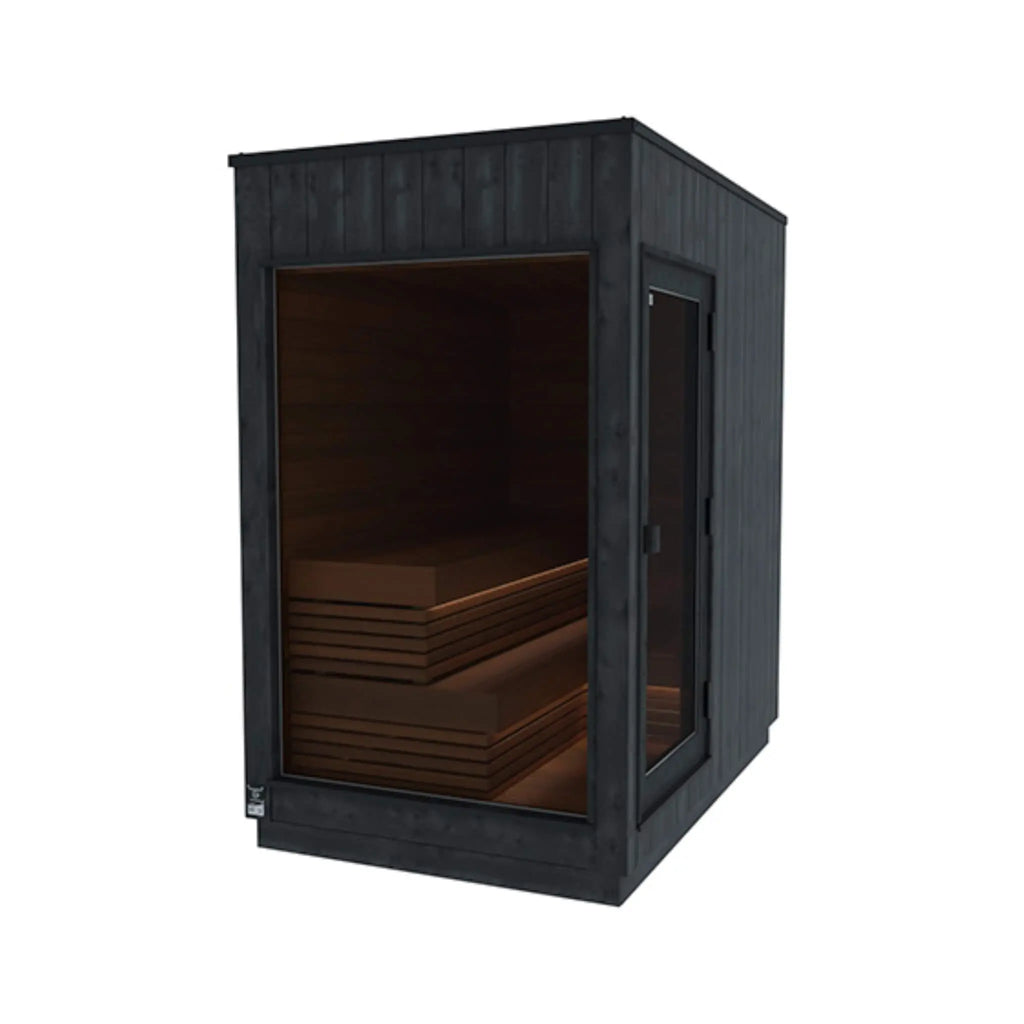 Small ThermaSol Nordic Misty outdoor sauna cabin, electric model with right-side glass door and tiered interior benches.