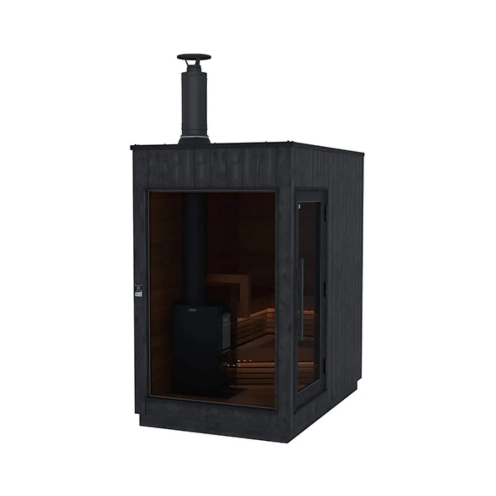 Small ThermaSol Nordic Misty outdoor sauna cabin with right-side door, showing its wood-burning stove and chimney flue.