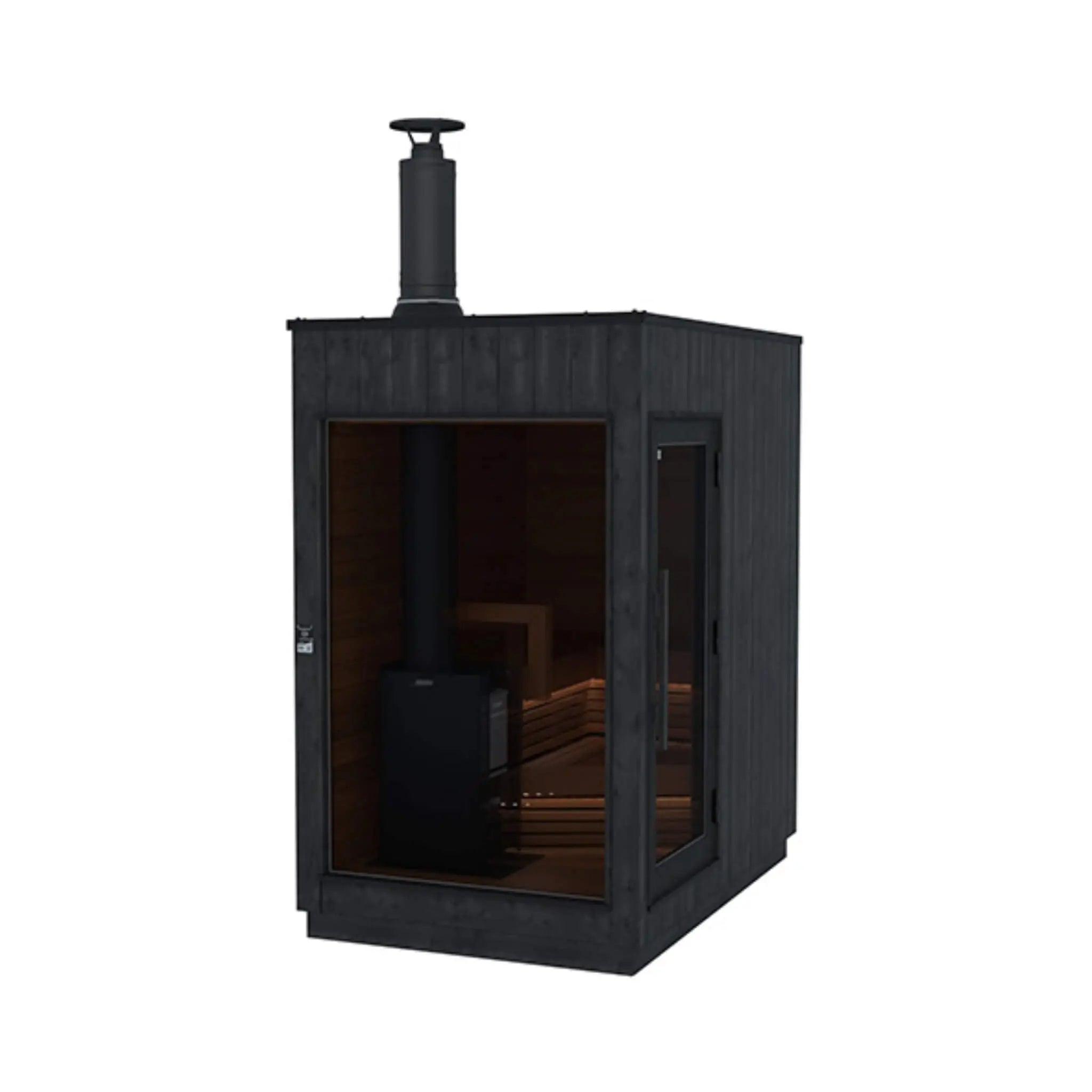 Small ThermaSol Nordic Misty outdoor sauna cabin with right-side door, showing its wood-burning stove and chimney flue.