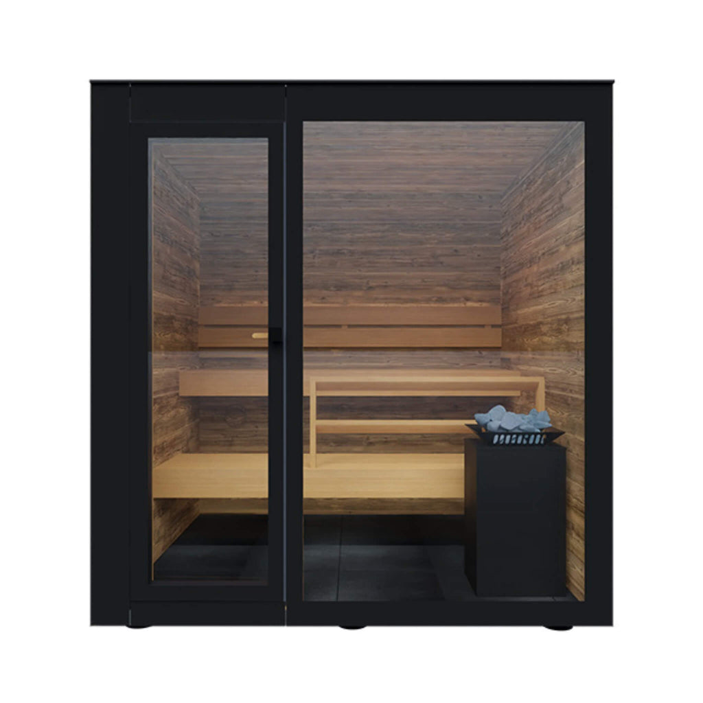 ThermaSol Spectra compact outdoor sauna cabin with mirror-dark Parsol glass façade and black aluminum framing