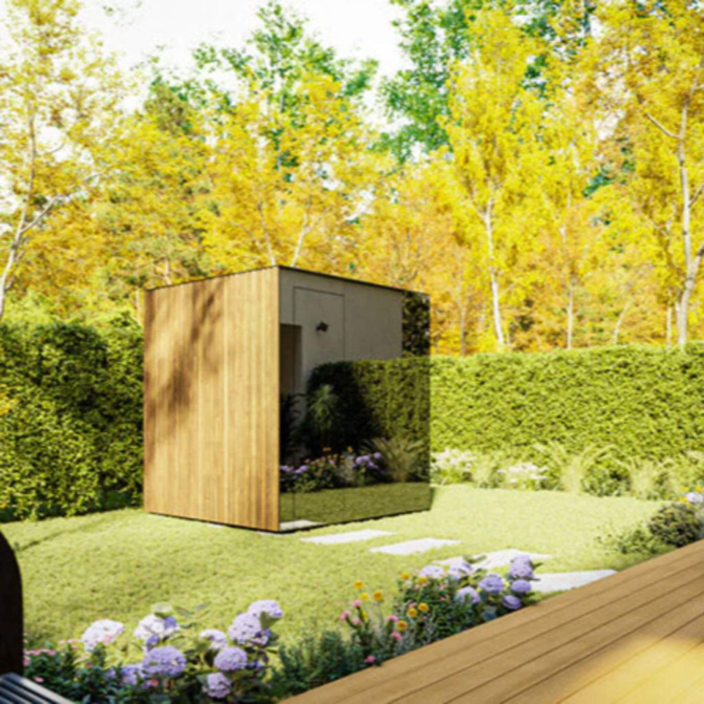 ThermaSol Spectra compact outdoor sauna cabin in a garden setting