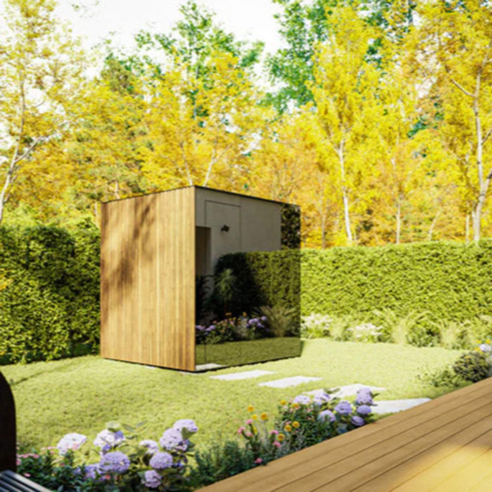 ThermaSol Spectra compact outdoor sauna cabin in a garden setting