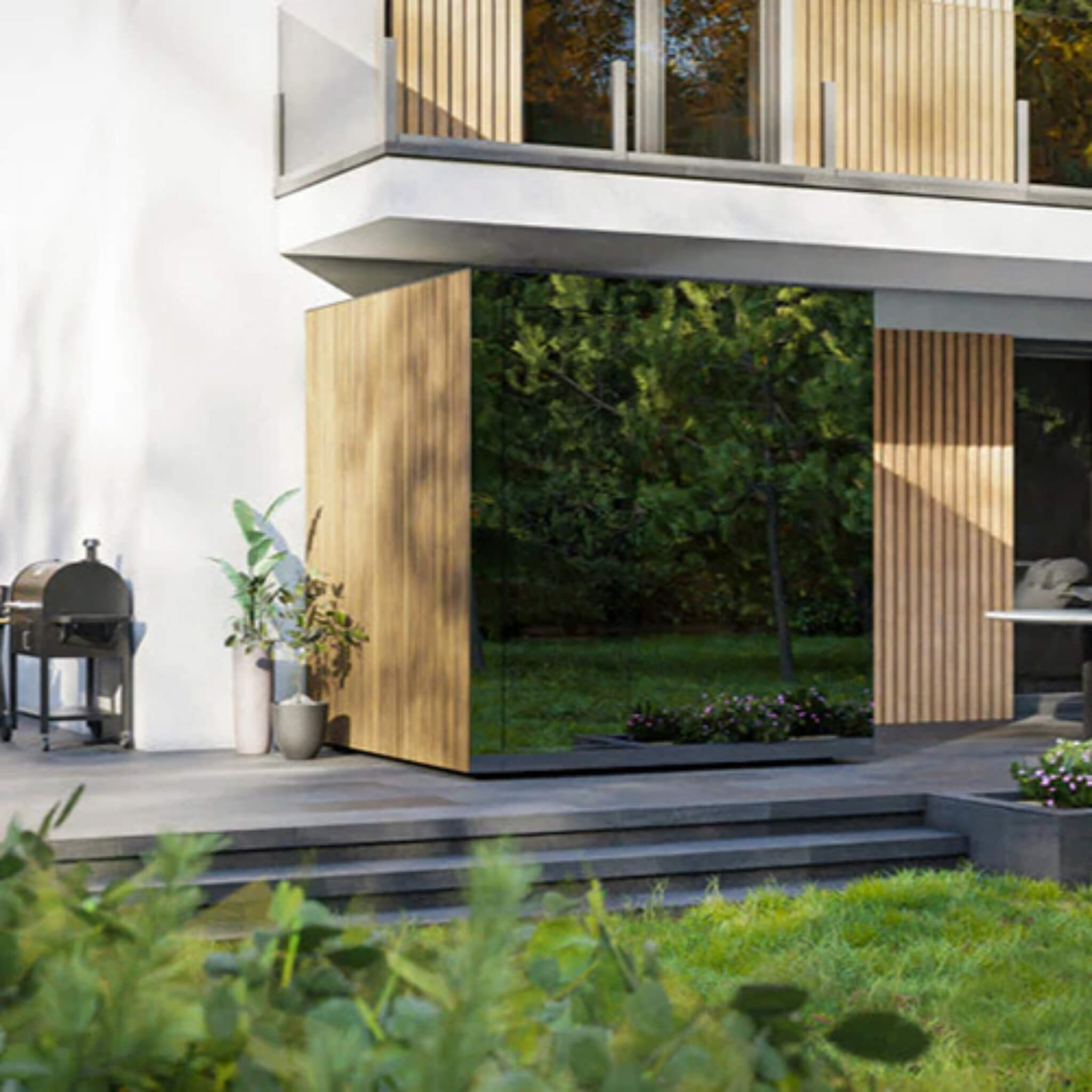 ThermaSol Spectra outdoor sauna cabin, front-right view in a backyard