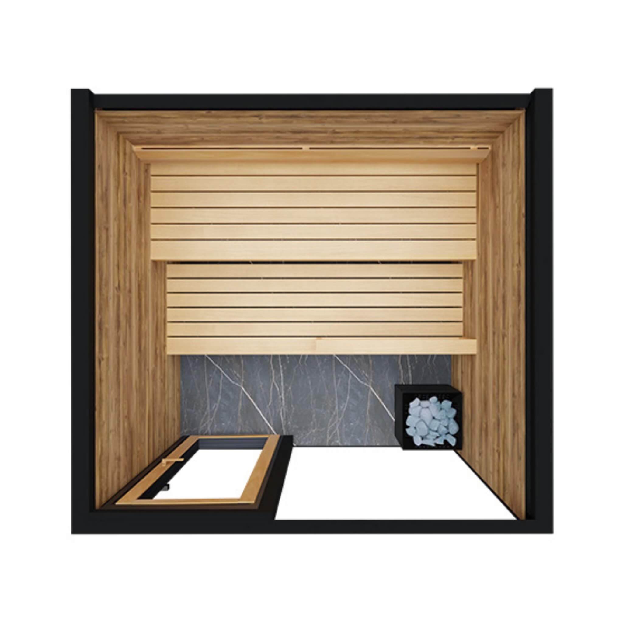 ThermaSol Spectra sauna interior with Tyrol wood walls and thermo-aspen benches
