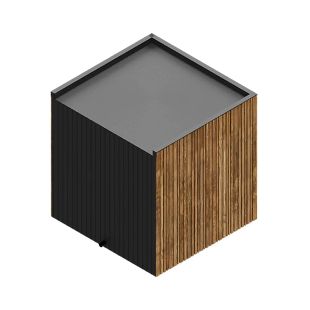 ThermaSol Spectra outdoor sauna cabin with full glass front in a landscaped backyard setting.