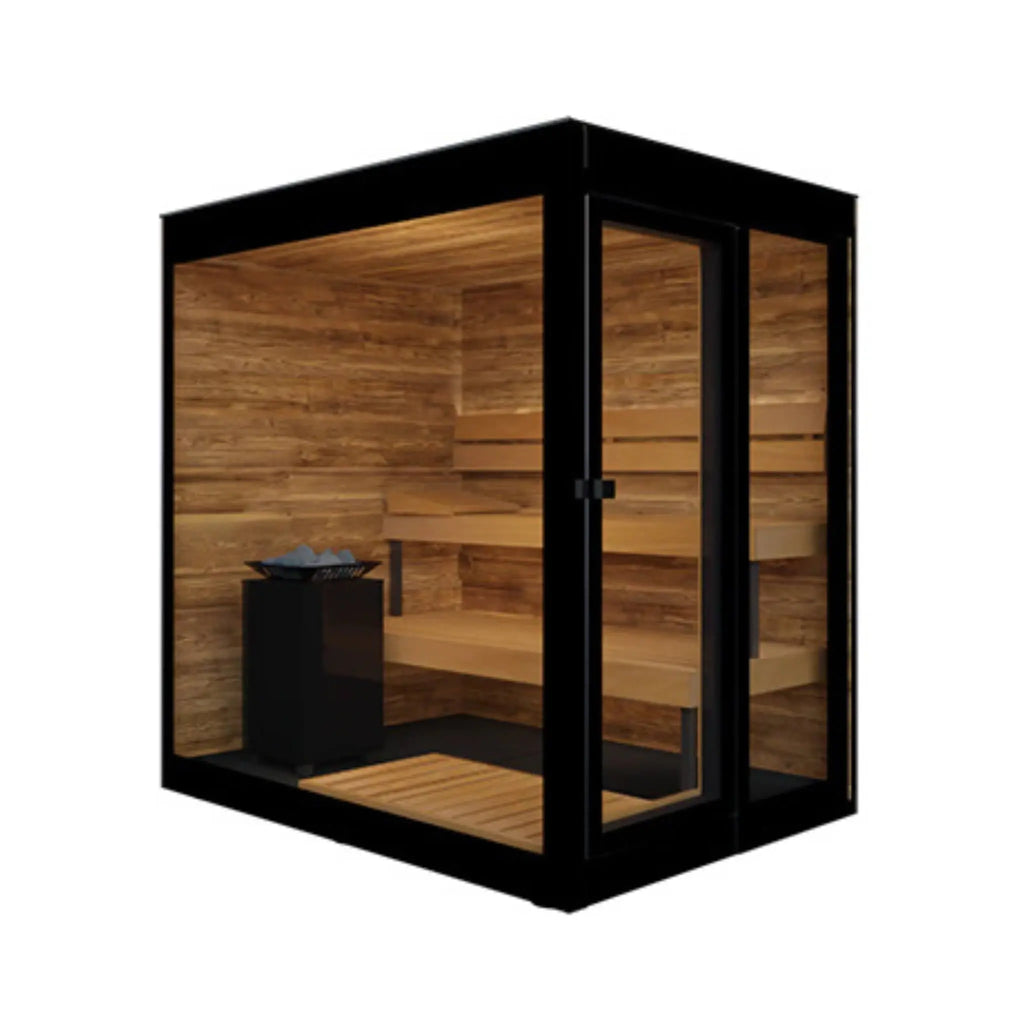 Angled view of the ThermaSol Vera outdoor sauna cabin with floor-to-ceiling glass, tiered benches and electric heater.