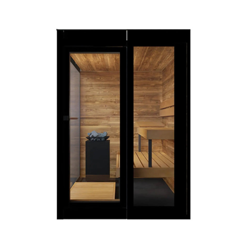 Front view of the ThermaSol Vera outdoor sauna cabin with glass door, warm wood interior and stone-topped electric heater.