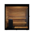 Right side view through the glass wall of the ThermaSol Vera outdoor sauna cabin showing benches and electric heater.