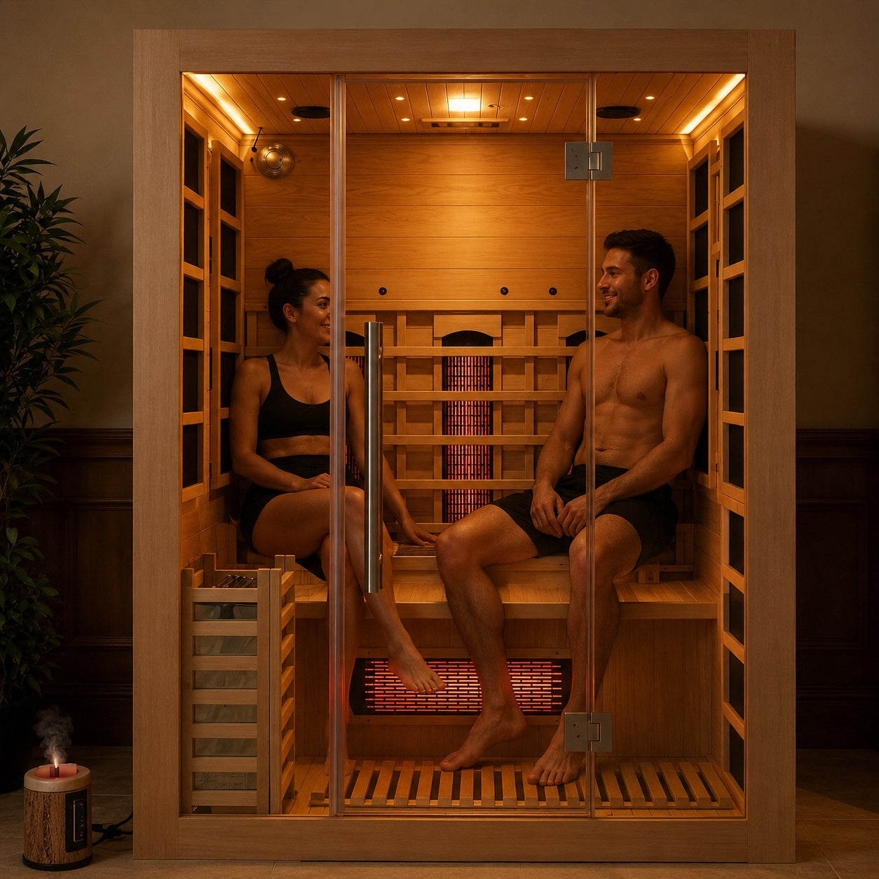 Couple enjoying a three-person hybrid sauna featuring infrared therapy and traditional steam heat