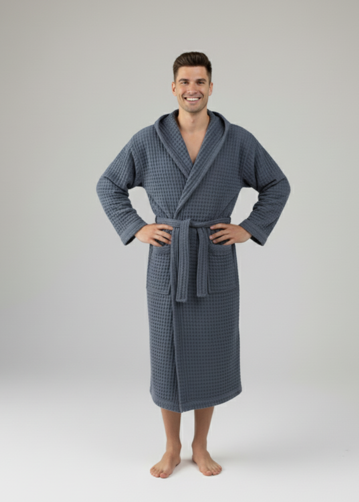 Man wearing navy Turkish cotton waffle bathrobe