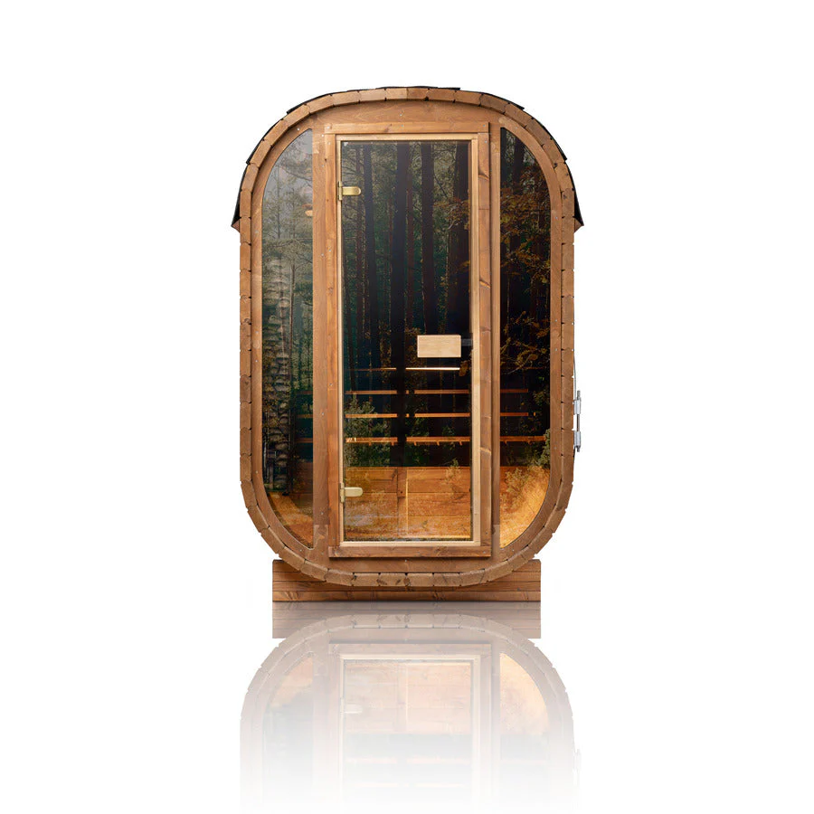 Auris One outdoor cedar sauna with panoramic glass door and modern curved design
